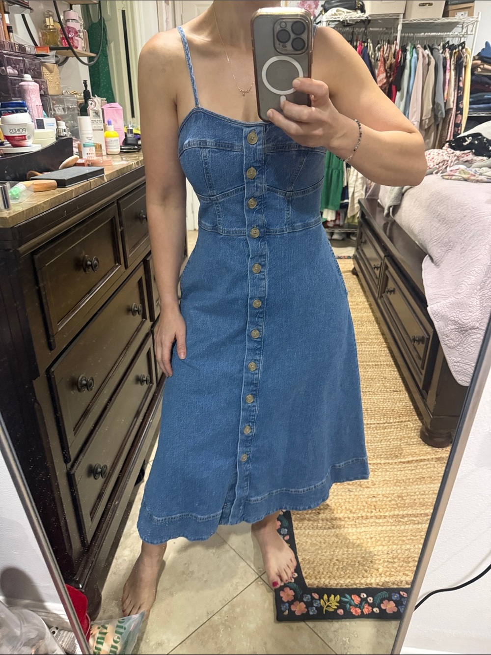 Button-Front Blue Denim Midi Dress